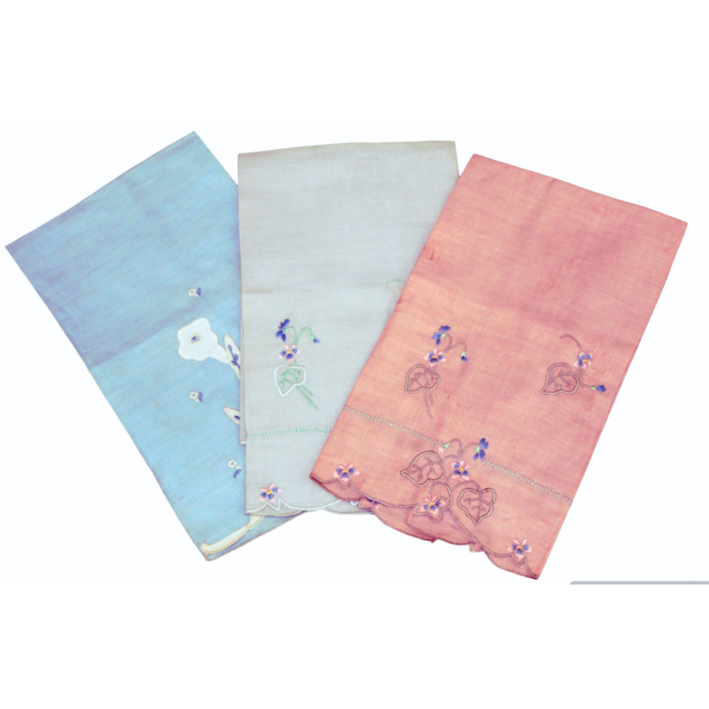 Vintage Linen Tea Towel Set 3 Cotton Floral Hand Embroidery 60's Cottagecore